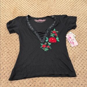 So Nikki Black Lace-Up Tee with Red Floral Embroidery